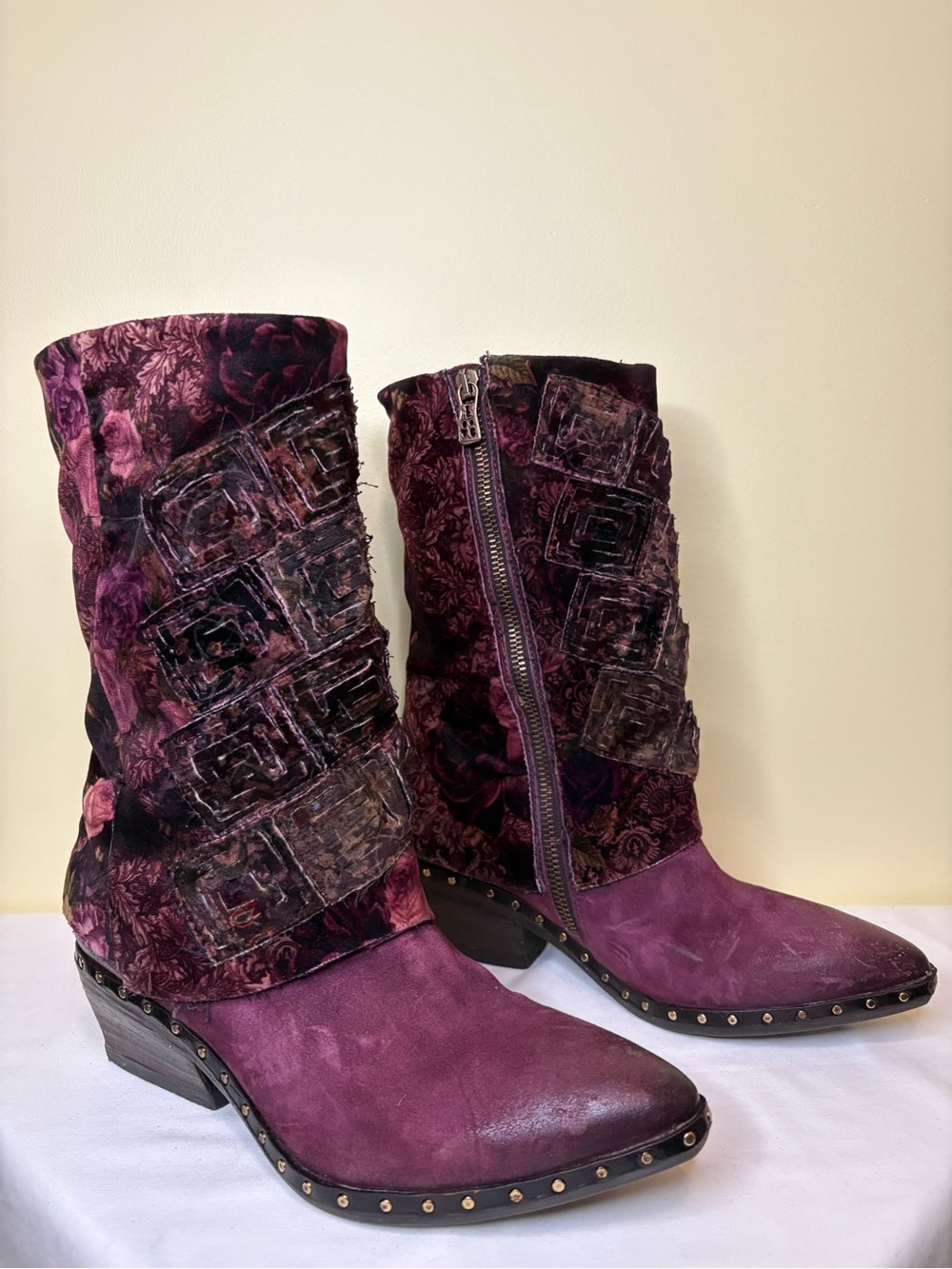 A.S.98 Purple Velvet Embroidered Mid-Calf Heeled Boots Size 38